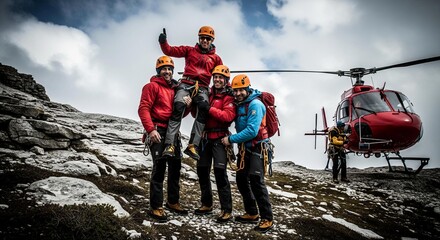 Obraz premium The Peak of Courage: A Mountain Rescue Team's Understated Celebration of a Successful and Perilous Mission.