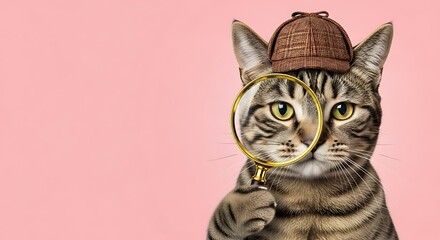 Curious tabby cat with magnifying glass detective