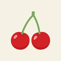 Two red cherries with green stems on a light background.