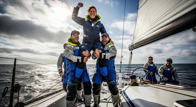 Masters of the Ocean: A Weathered Sailing Crew Celebrates a Hard-Fought Victory on the Deck of Their Racing Yacht.