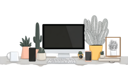 Modern desk setup with plants and tech, isolated on transparent background