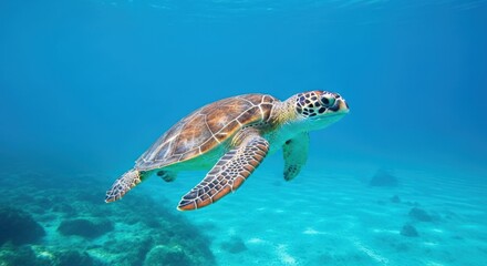 Obraz premium A green sea turtle gracefully swims in the crystalclear turquoise waters of the caribbean, basking in the sunlight and exploring the vibrant coral reef