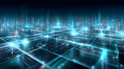 Fototapeta premium Futuristic digital mesh featuring electric cyan and teal lighting, glowing wireframe edges, isometric grid diagonally spanning frame, abstract cyber cityscape, ideal for cybersecurity visuals.