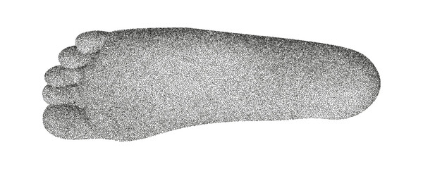 Halftone dotwork illustration of a human foot, stippled texture silhouette isolated on transparent background. Vector collage element in retro photocopy effect. 