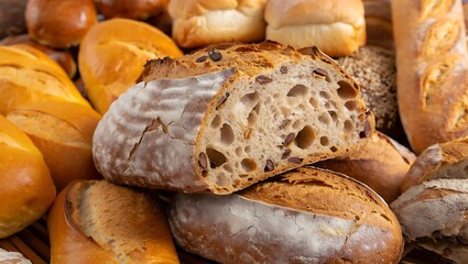 Close-up view of a rustic, sliced artisan sourdough bread loaf with visible open crumb and seeds, surrounded by other fresh baked breads.