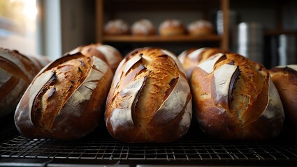 Rustic golden artisan bread loaves with distinct scoring and flour dusting cooling on a dark metal wire rack in a warm, inviting bakery setting.
