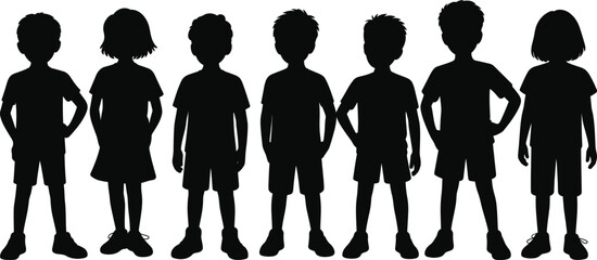 Silhouette children standing group vector, kids shadow collection isolated, boy girl figures posing illustration, child outline black design, lifestyle concept.