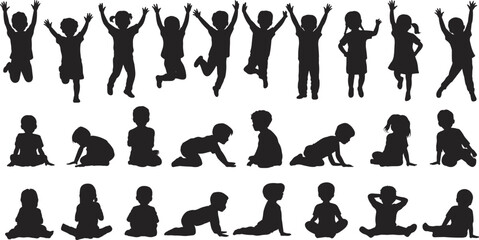 Silhouette children playing jumping sitting crawling, kids shadow collection isolated, child activity vector set, happy childhood poses, black figure illustration.