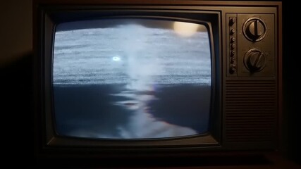 Vintage television displaying a distorted face with a blue eye, creating a mysterious atmosphere - Powered by Adobe
