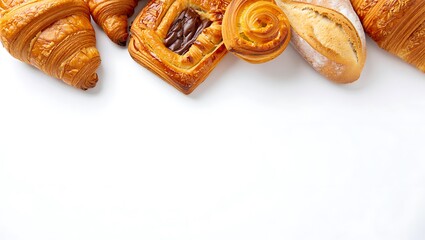 Top-down view of assorted golden pastries including croissants, pain au chocolat, and artisan bread on a bright white background.