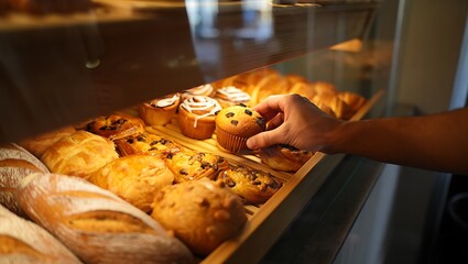 Customer's hand selecting a warm golden muffin from an inviting, abundantly filled bakery display case with pastries.