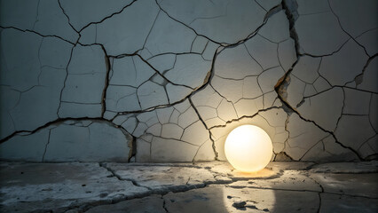 Pale cracked wall with soft white orb light source, gentle illumination, serene atmosphere, subtle lighting contrasts against weathered stone surface texture.