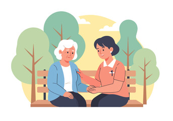 A compassionate caregiver offers comfort and support to an elderly woman as they sit together on a park bench. Dementia Illustration