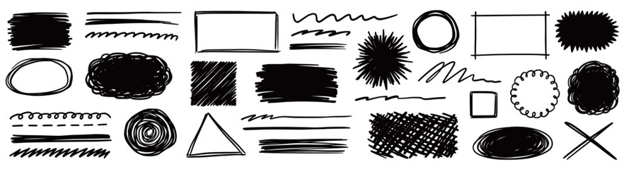 Scribble doodle drawn pencil shapes set. Hand drawn sketch doodle style rectangle, circle frames and underlines. Pencil scribble textured borders, grunge abstract brush elements. Vector illustration