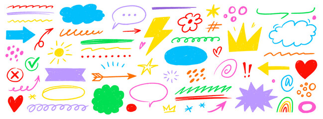 Fototapeta premium Hand drawn line chalk set. Crayon line arrow, speech bubble, pencil highlight and textured brush icon with cartoon heart, hand drawn marker element. Chalkboard frame sketch. Vector illustration