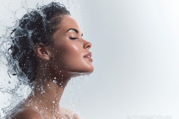 Naklejka premium Beautiful woman enjoying water splashing on her face
