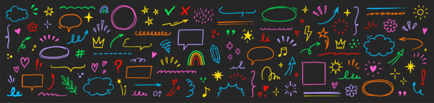 Cute line element icon set. Hand drawn heart, star, cloud brush stroke colorful cartoon style. Funny doodle sketch arrow, heart, flower marker decoration for kid art design. Vector illustration