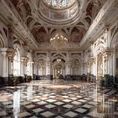 Obraz premium Grand opulent ballroom with ornate architecture and marble floors bathed in soft light