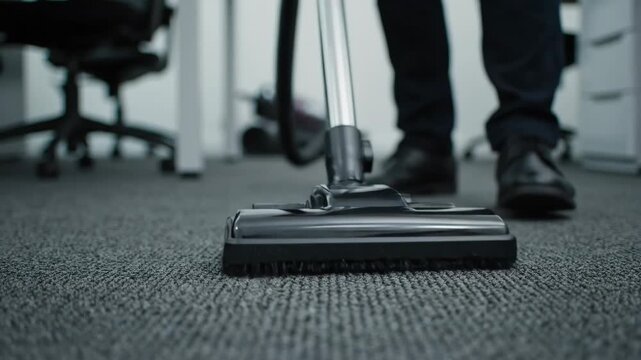 Office Carpet Cleaning - Close-up view of a vacuum cleaner head cleaning a gray carpet in an office setting.