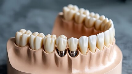 Fototapeta premium Symmetrical Teeth with Partial Denture and Dental Implant, 3D Dental Illustration, Medical illustration of a dental bridge., created with generative ai