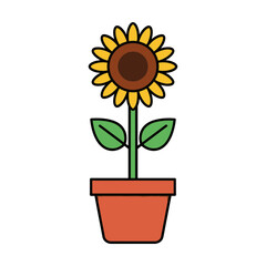 Obraz premium A single potted sunflower with green leaves and a brown center.