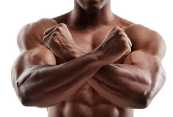 Muscular man with crossed arms showing off his physique on transparent background