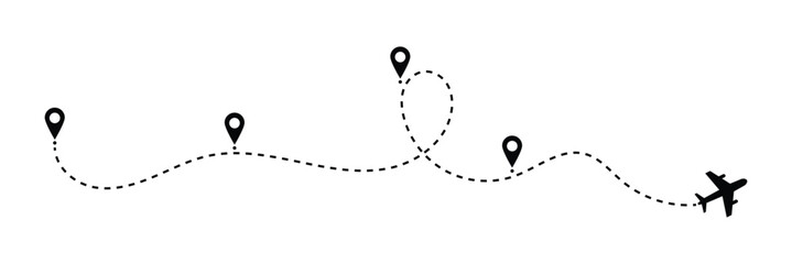 Flight Path Map Icon Air Travel Vector Symbol. Airline Route Dashed Line with Plane and Pin. World Travel Route Icon. Navigation Flight Path Map Symbol. Aircraft tracking, planes, travel, map pin icon