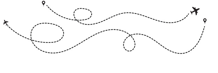 Airplane line path routes. Travel vector icon. Travel from start point and dotted line tracing. Plane routes flight air dotted isolated illustration. Start point line trace and plane routes. EPS 10