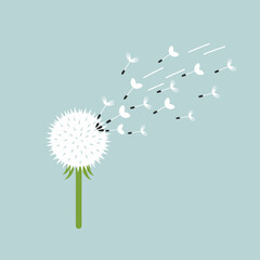 Dandelion seeds blowing in the wind against a light blue background.