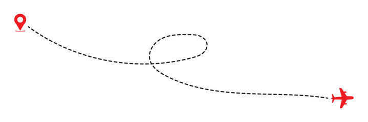 Flight Path Map Icon Air Travel Vector Symbol. Airline Route Dashed Line with Plane and Pin. World Travel Route Icon. Navigation Flight Path Map Symbol. Aircraft tracking, planes, travel, map pin icon