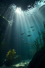Obraz premium Underwater Sunlight Rays Streaming Through Rippling Water Surface Creating Serene Atmosphere