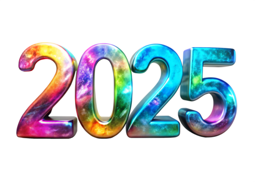 3d iridescent 2025 numbers with a colorful finish isolated on white background PNG ,AI GENERATED