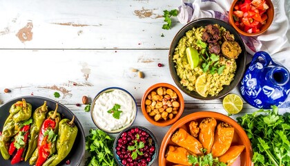 A colorful array of flavorful dishes, including stuffed peppers, a vibrant rice dish, and a creamy dip, arranged beautifully on a light wood surface.