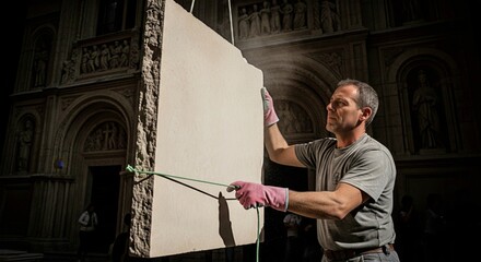 Fototapeta premium Artisan Guiding a Stone Panel on a Historic Cathedral Facade