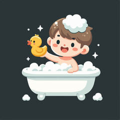 flat illustration of a child taking a bubble bath