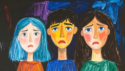 Three figures with sorrowful expressions, rendered in vibrant crayon colors against a dark background, conveying a feeling of melancholy.