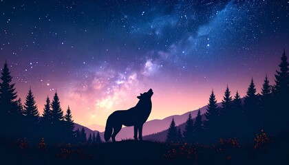 A majestic wolf silhouetted against a vibrant night sky, filled with stars and a captivating galaxy, stands amidst a tranquil forest landscape.