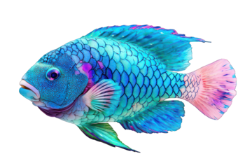 Colorful fish with blue scales and pink tail on a black background