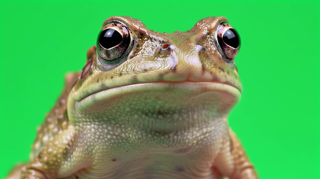 Detailed Close-Up of a Common Toad or Frog Against a Vibrant Green Screen Background, Perfect for Isolation and Compositing