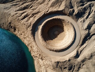 Aerial view of a circular depression in a desert landscape next to a body of water