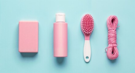 Pastel blue Flat Lay with Soap, Bottle, Brush, and Twine
