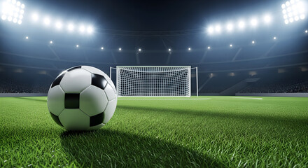 Fototapeta premium Ultra-Realistic Soccer Stadium at Night with Soccer Ball on Green Pitch, Illuminated by Spotlights, Goal in Background, High-Resolution Grass, Net Details,
