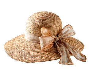straw hat with beige  bow and ribbon on white background