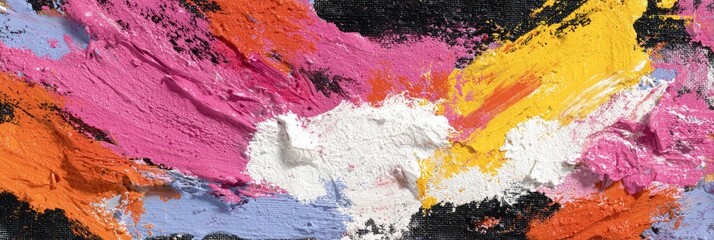 Impasto texture, vibrant hues of pink, orange, yellow, and white, intermingled with black and purple