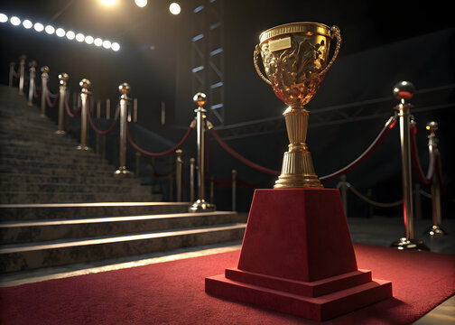Awaiting Achievement: A golden trophy rests majestically on a velvet-draped pedestal. Leading up to the coveted award is a pristine red carpet path, perfectly poised for a momentous occasion. 