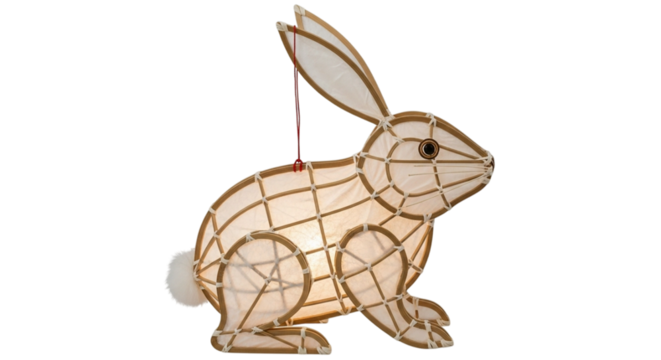 Modern rabbit lantern with a minimalist grid frame, isolated on white and transparent background for Mid-Autumn Festival and holiday decor