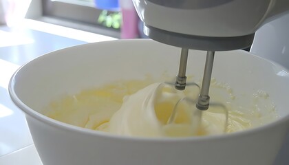 Mixing batter with electric mixer in a large bowl.