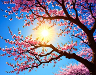 Vibrant pink blossoms on branches against a bright sun and blue sky