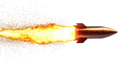 Copper rocket launching, blasting fire and sparks, isolated on black background
