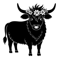 Highland Cow with Flower Crown vector clean black silhouette design white background